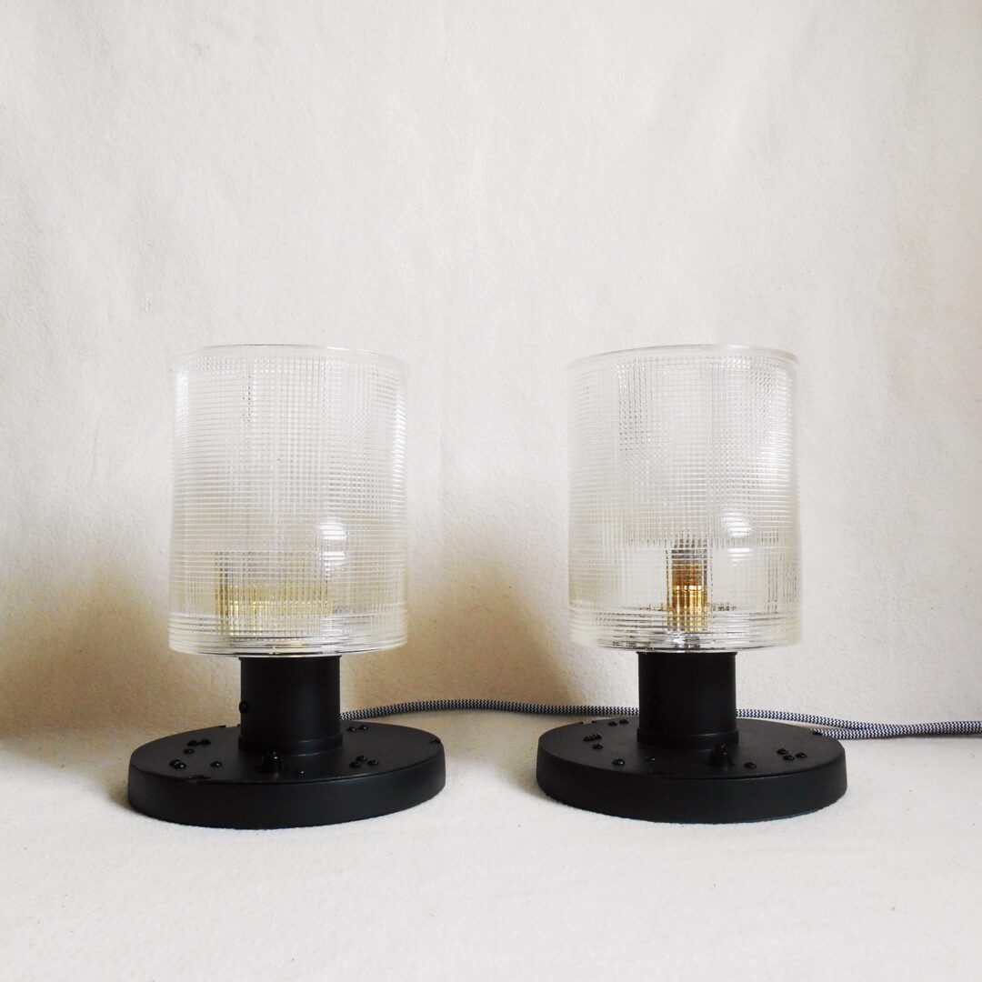 A pair of industrial Holophane table lamps by Fiona Bradshaw Designs