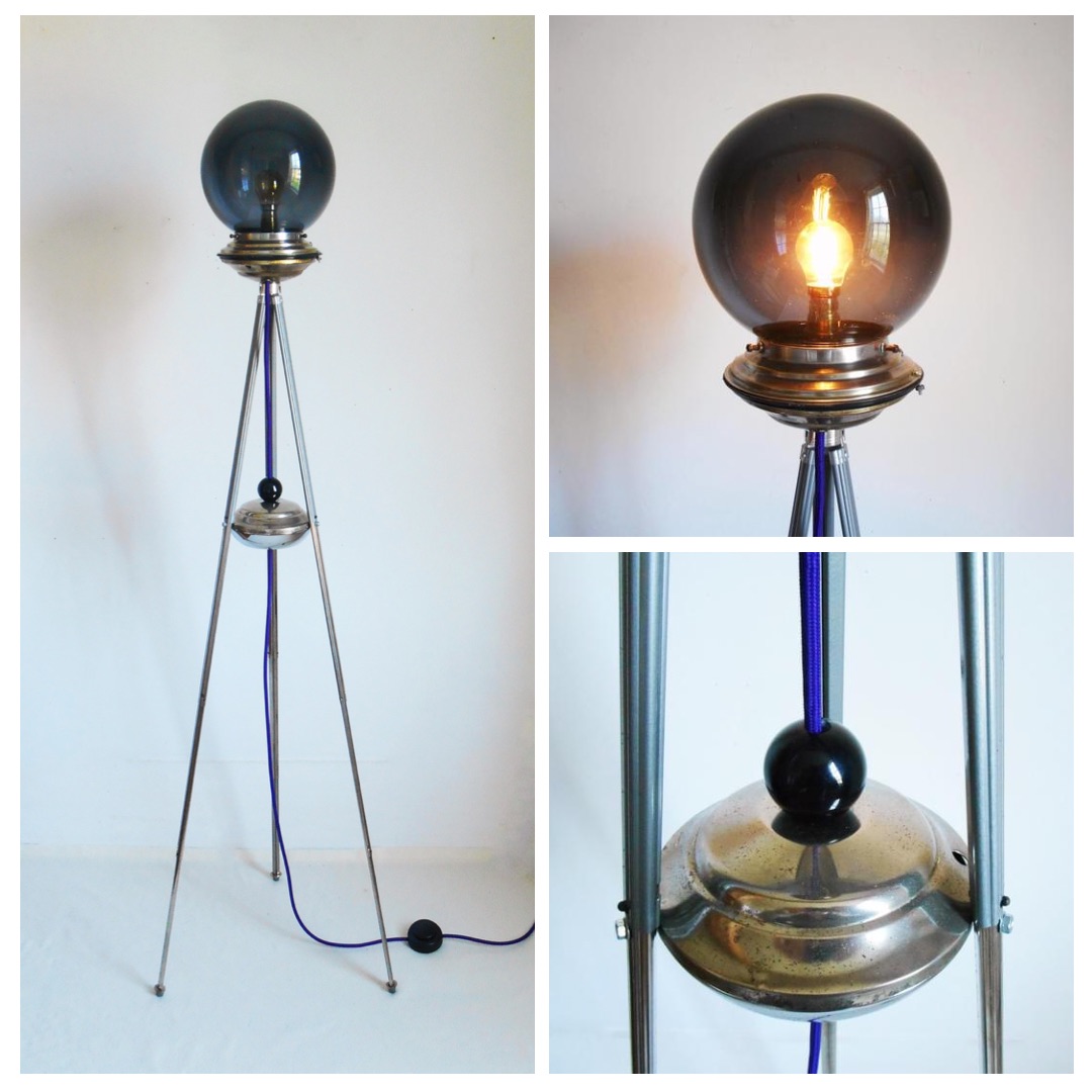 A repurposed tripod lamp with a vintage dark glass shade by Fiona Bradshaw Designs