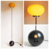 A bowling ball floor lamp with a gorgeous mid century modern amber glass shade by Fiona Bradshaw Designs