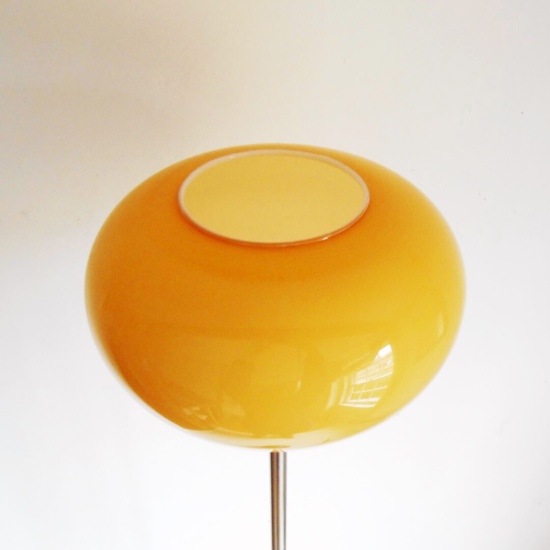 A bowling ball floor lamp with a gorgeous mid century modern amber glass shade by Fiona Bradshaw Designs