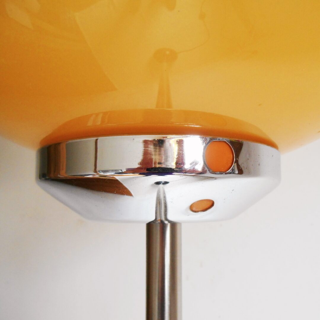 A bowling ball floor lamp with a gorgeous mid century modern amber glass shade by Fiona Bradshaw Designs