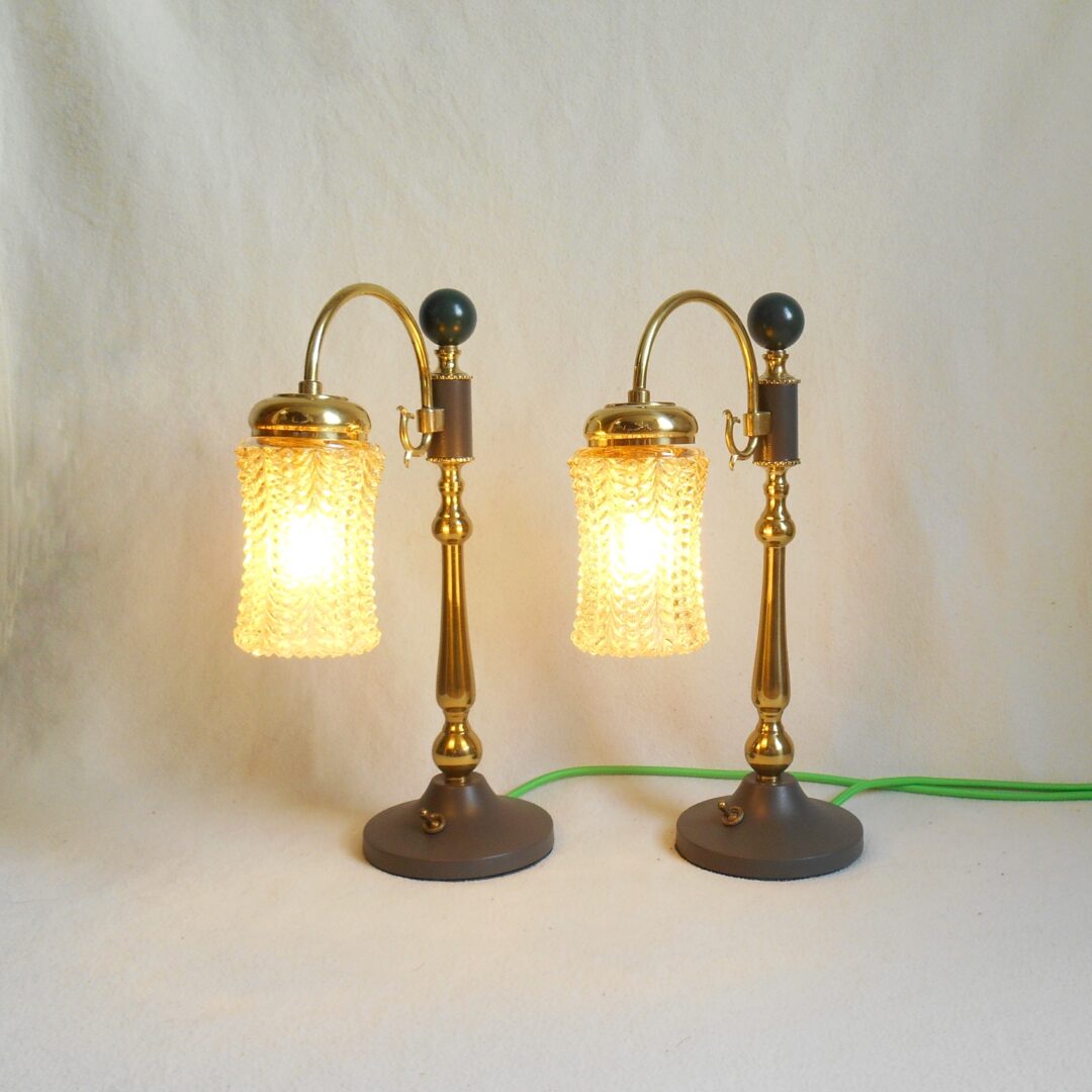 A pair of unique brass and cut glass table lamps by Fiona Bradshaw Designs