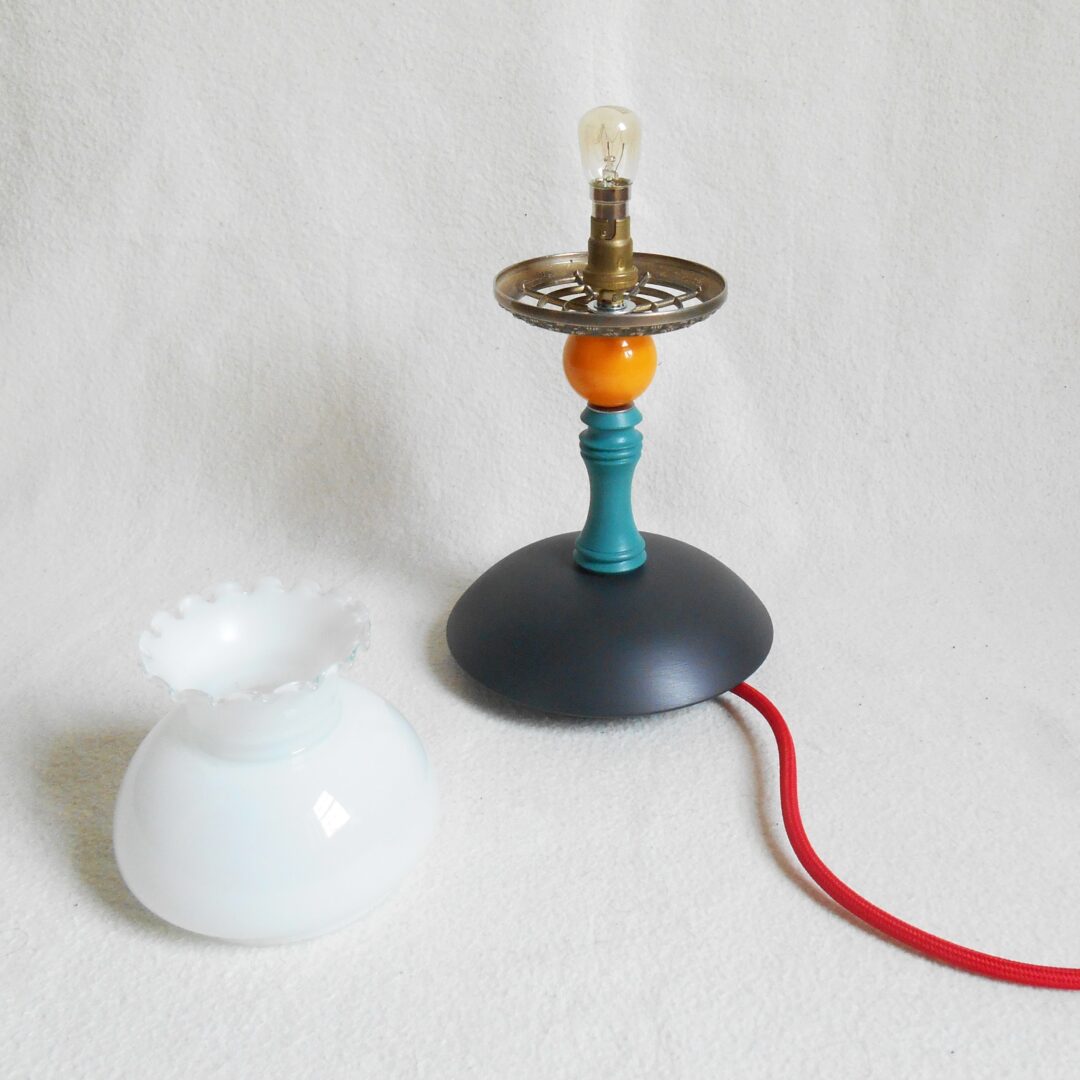A pair of colourful retro table lamps by Fiona Bradshaw Designs