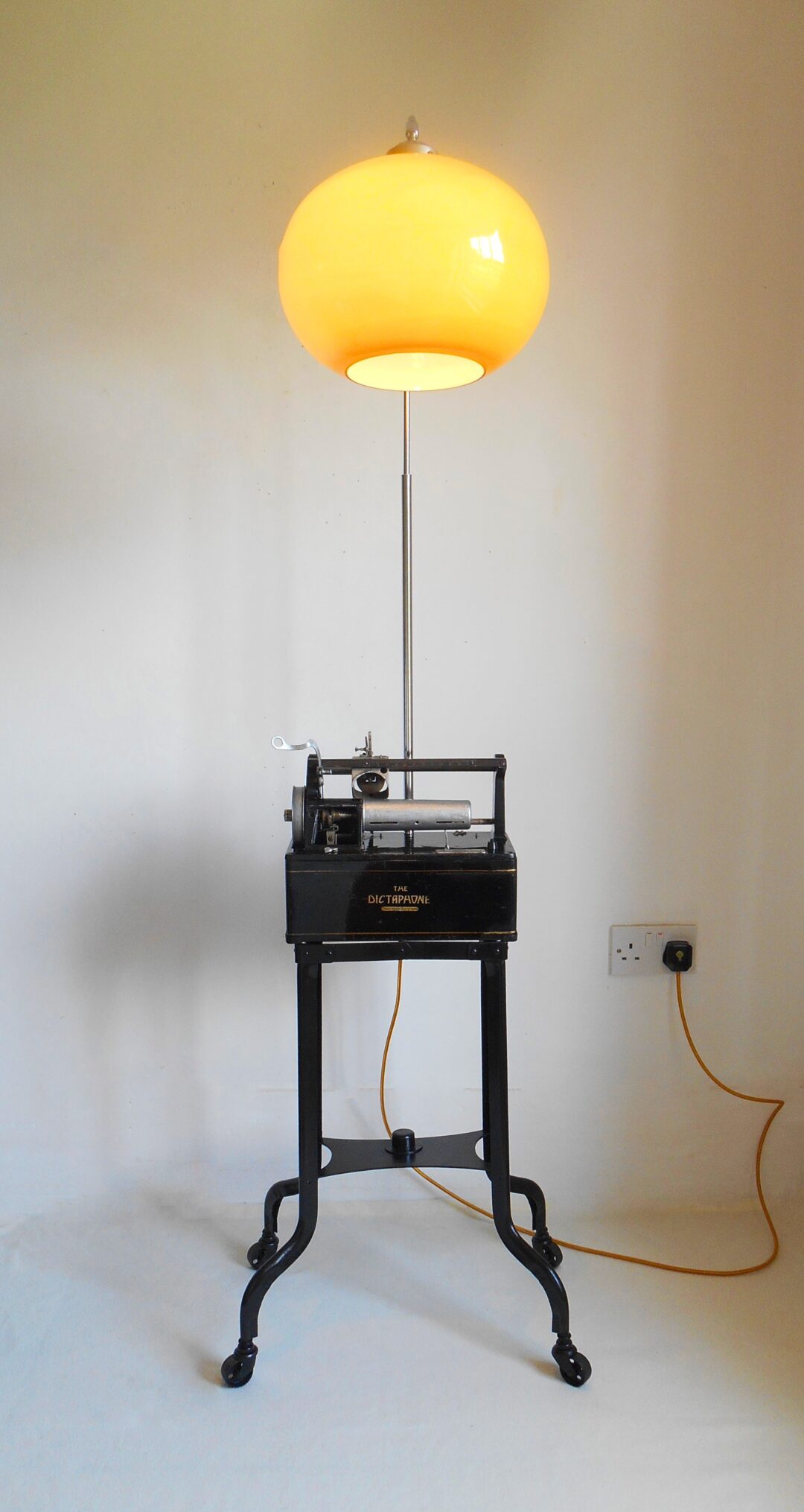An antique dictaphone repurposed into a floor lamp by Fiona Bradshaw Designs