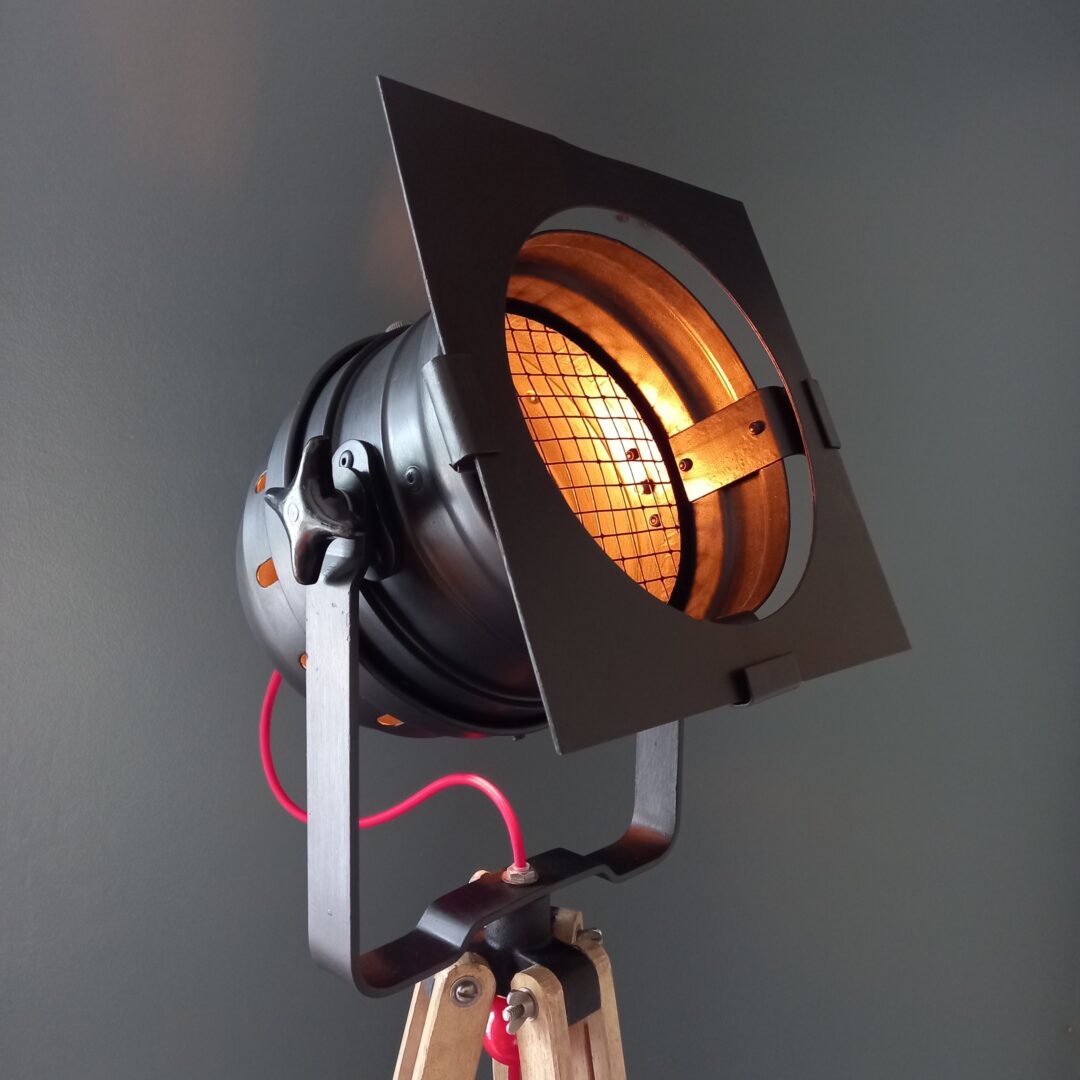 A black and red theatre floor lamp by Fiona Bradshaw Designs
