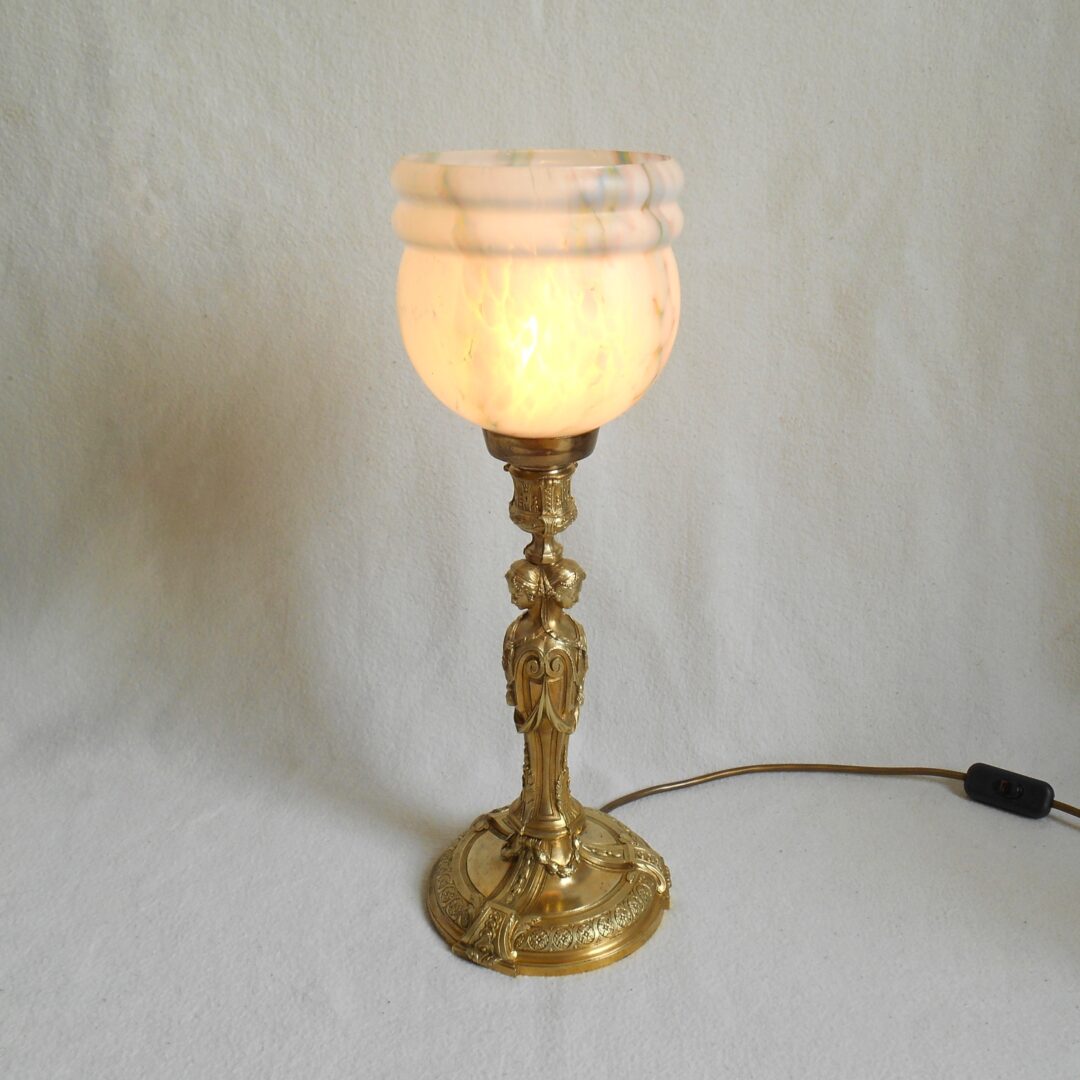 A beautiful Art Deco brass table lamp with a marbled glass shade by Fiona Bradshaw Designs