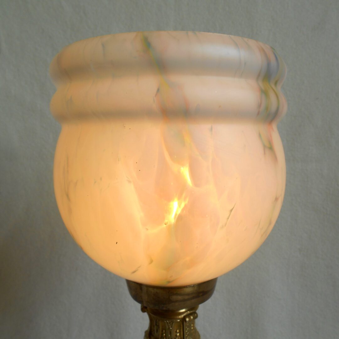 A beautiful Art Deco brass table lamp with a marbled glass shade by Fiona Bradshaw Designs