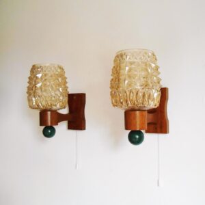 A pair of 1950’s teak wall lamps with gorgeous cut glass shades by Fiona Bradshaw Designs