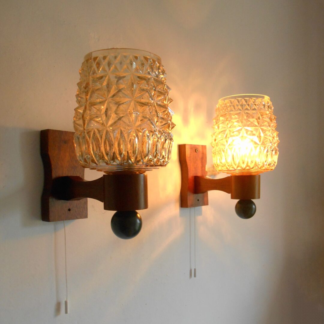 A pair of 1950’s teak wall lamps with gorgeous cut glass shades by Fiona Bradshaw Designs