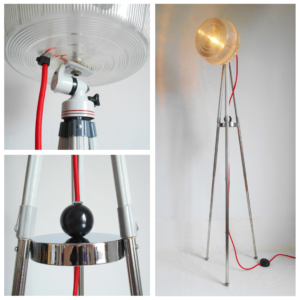 A unique tripod floor lamp with an adjustable holophane shade by Fiona Bradshaw Designs