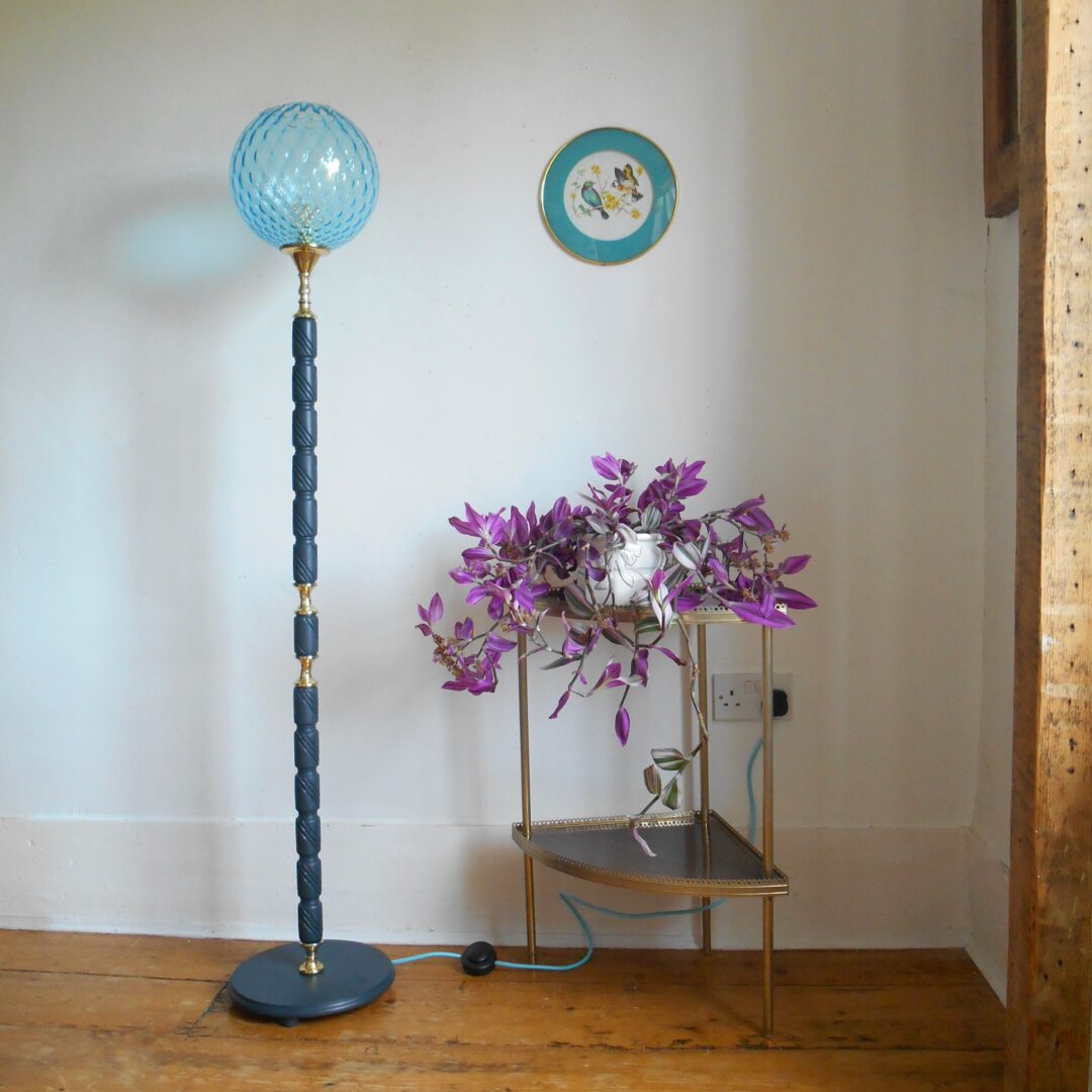 A blue mid century modern floor lamp by Fiona Bradshaw Designs