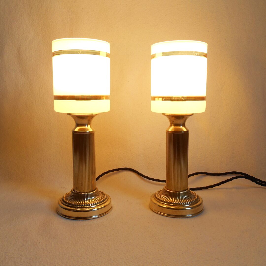 A pair of antique brass carriage table lamps by Fiona Bradshaw Designs