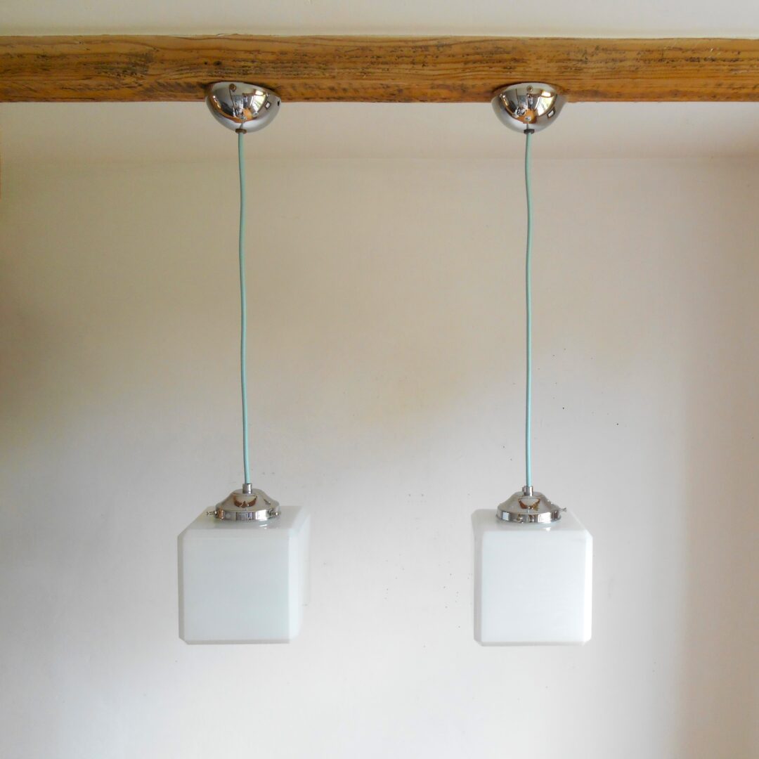 Pair of Art Deco cube opaline glass pendant lamps by Fiona Bradshaw Designs