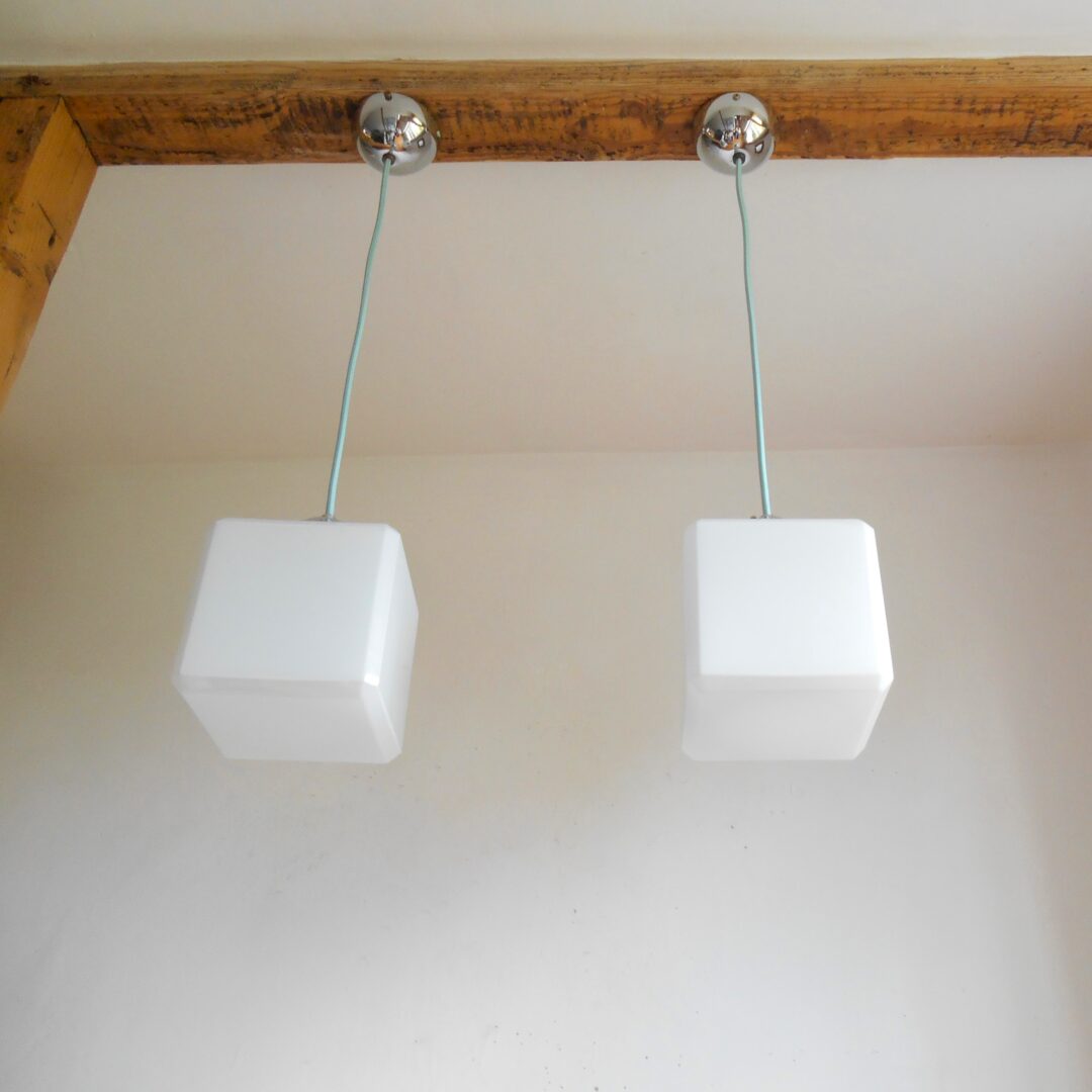 Pair of Art Deco cube opaline glass pendant lamps by Fiona Bradshaw Designs