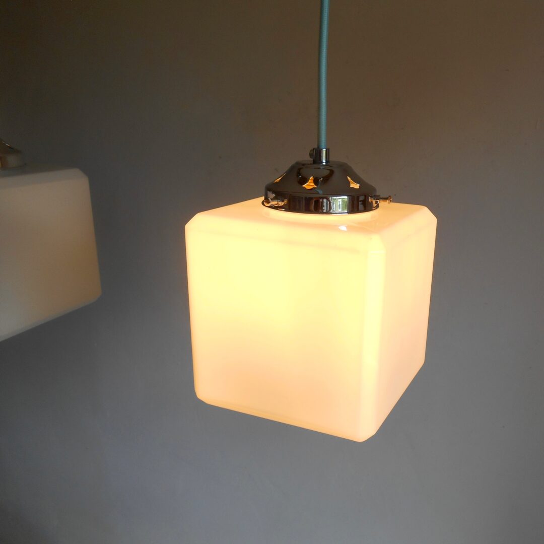 Pair of Art Deco cube opaline glass pendant lamps by Fiona Bradshaw Designs