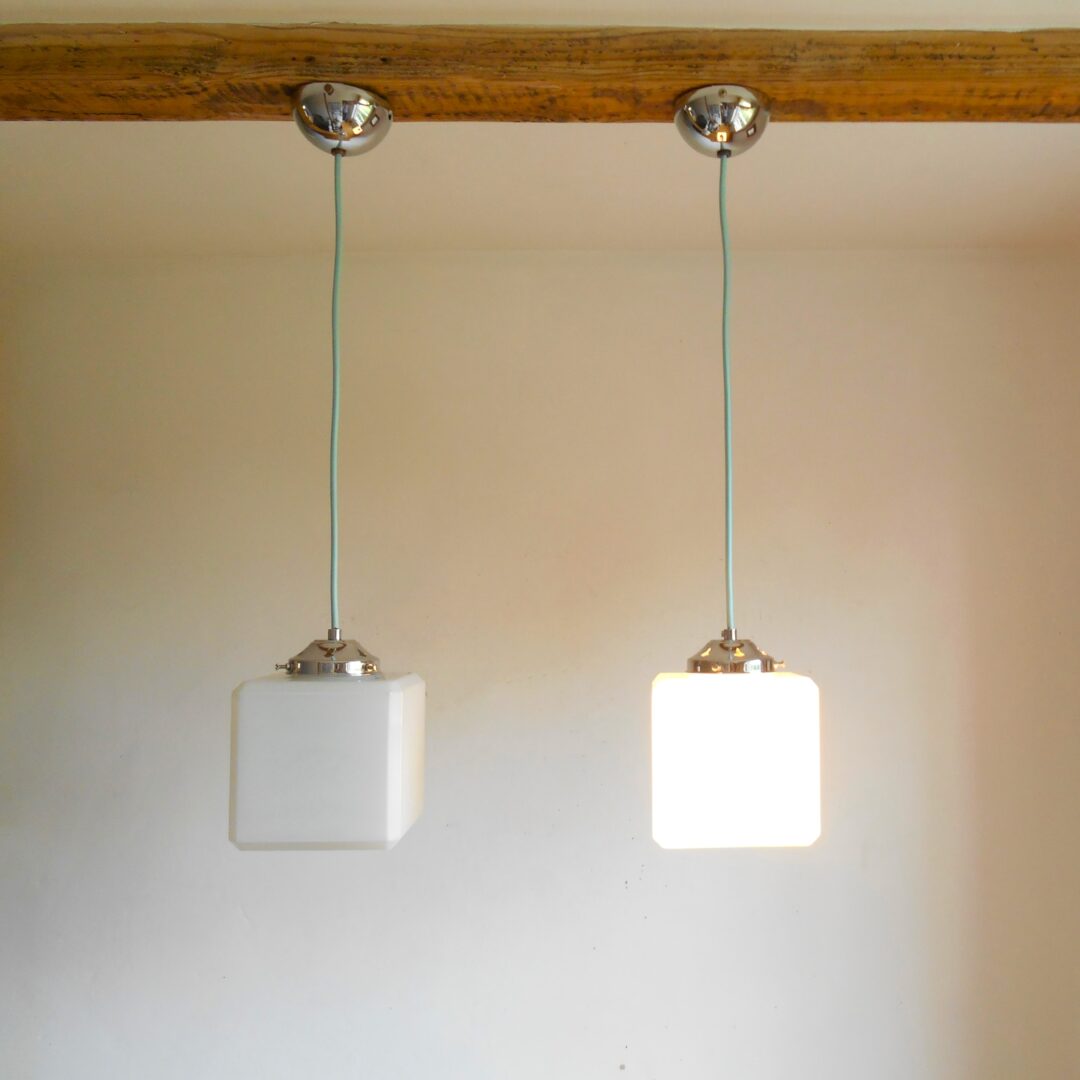 Pair of Art Deco cube opaline glass pendant lamps by Fiona Bradshaw Designs