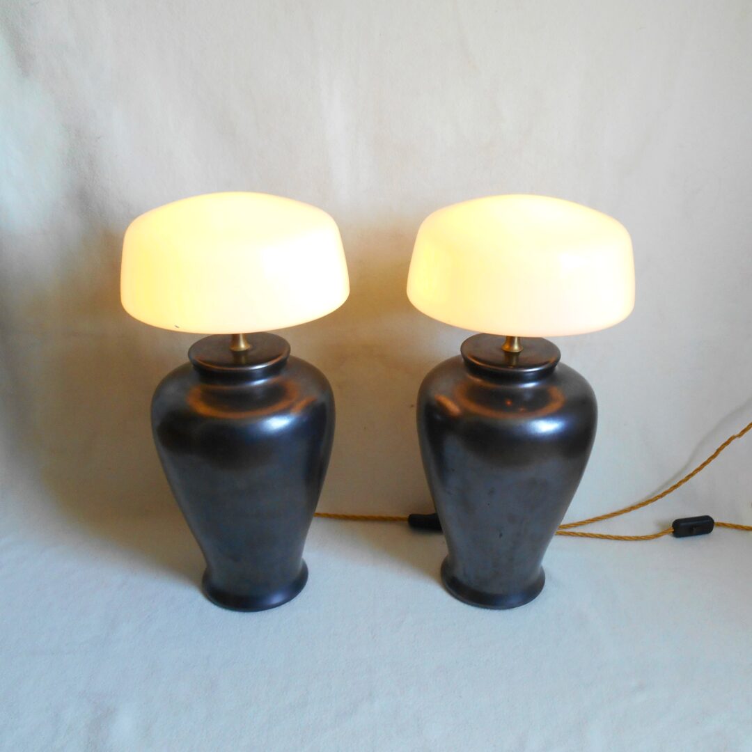 A pair of metallic grey table lamps by Fiona Bradshaw Designs