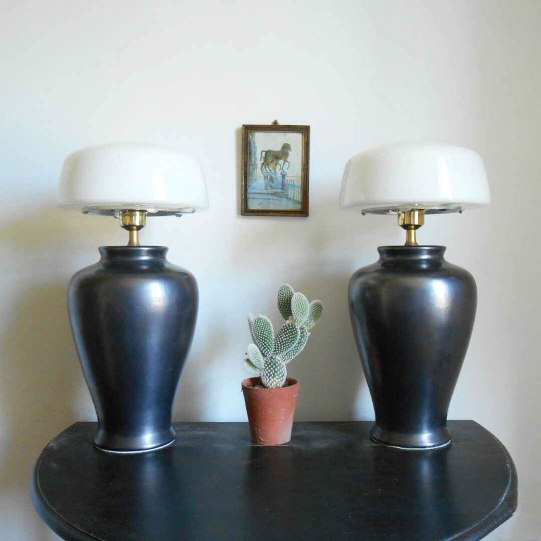 A pair of metallic grey table lamps by Fiona Bradshaw Designs