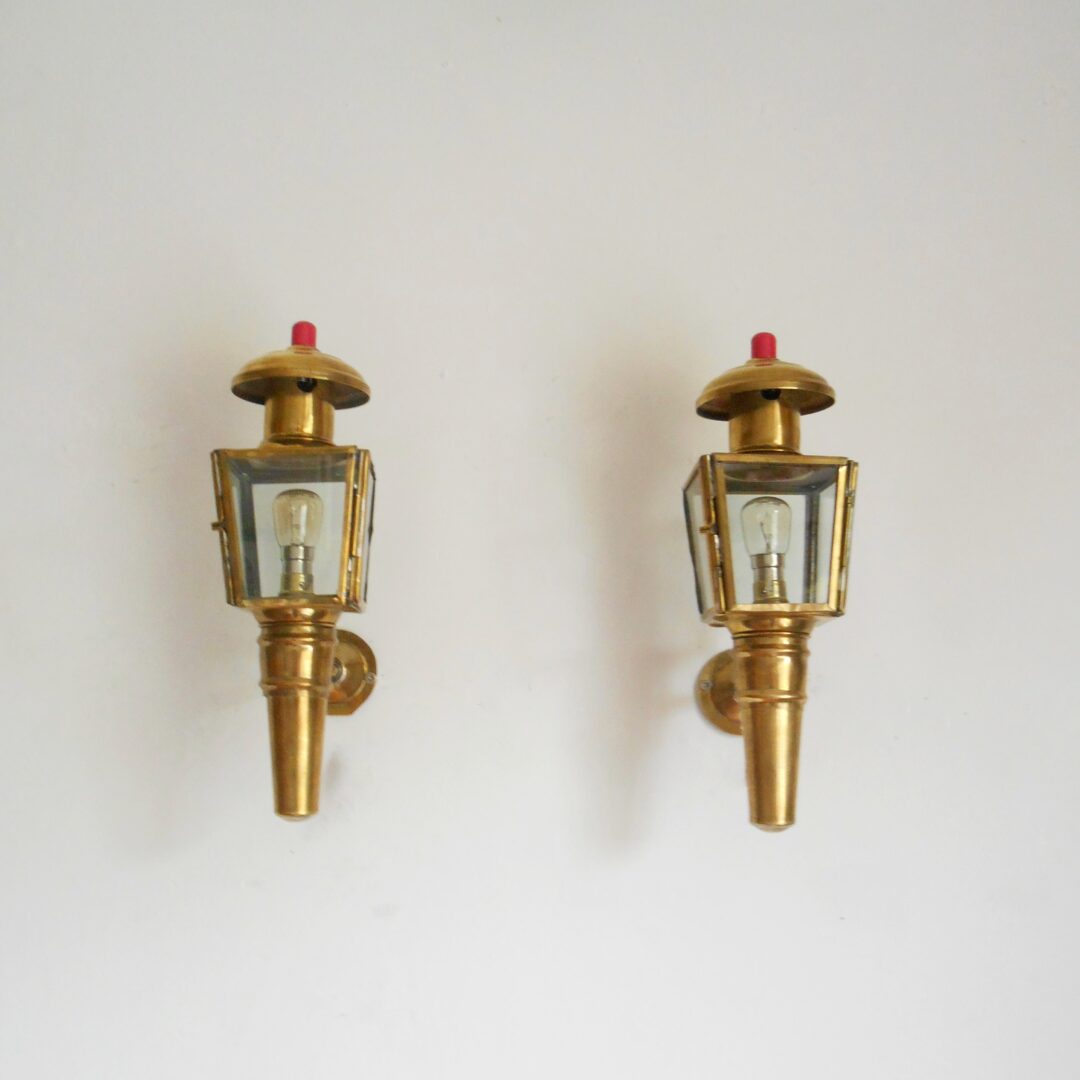 A pair of brass carriage lamps by Fiona Bradshaw Designs